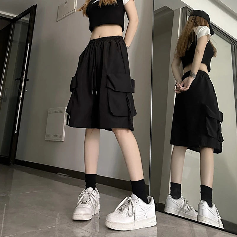 ZOKI Pantaloncini cargo a vita alta da donna Stile americano Streetwear Estate Pantaloni a gamba larga