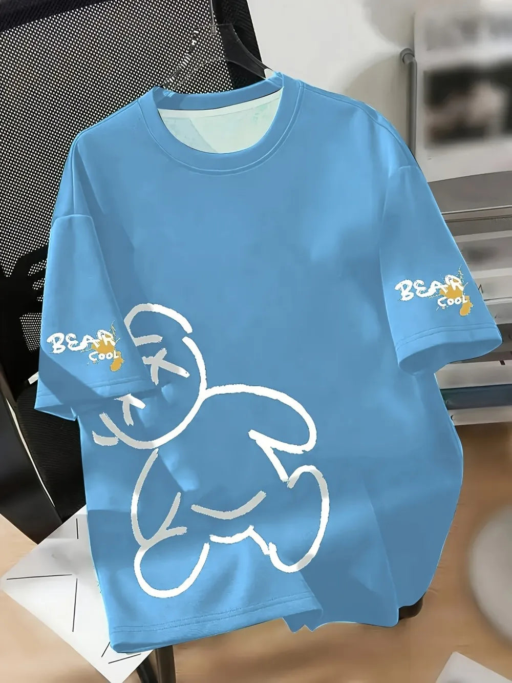 T-shirt estiva da uomo girocollo traspirante con motivo a stampa di orso