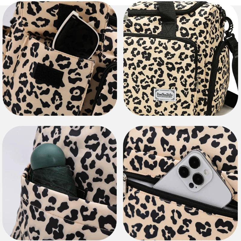 Classica borsa da viaggio di grande capacità con stampa leopardata con tasche multiple e scomparto per scarpe