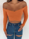 T-shirt da donna sexy manica lunga con spalle scoperte tinta unita