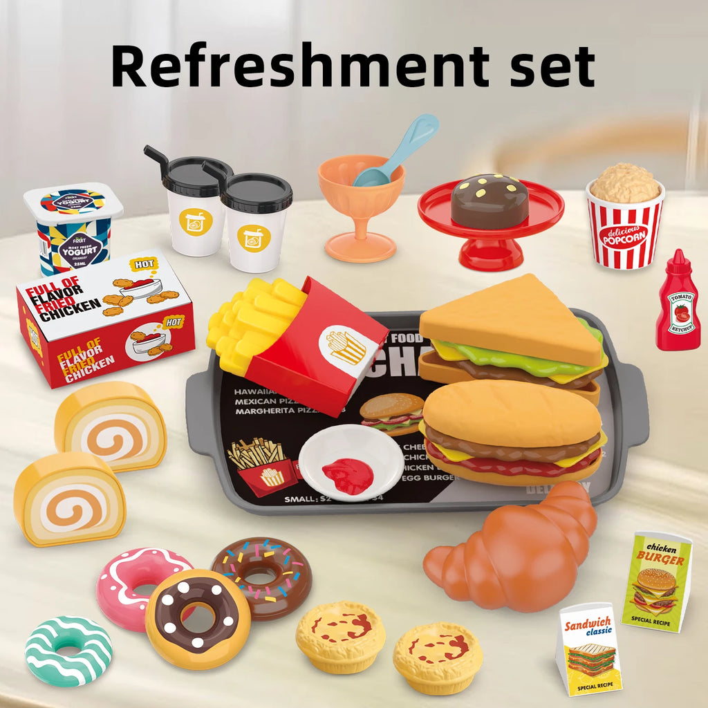 Giocattoli per bambini: gioco di finzione, barbecue, fast food, pizza, sushi, tè pomeridiano, dessert, cibo da cucina, set di giocattoli
