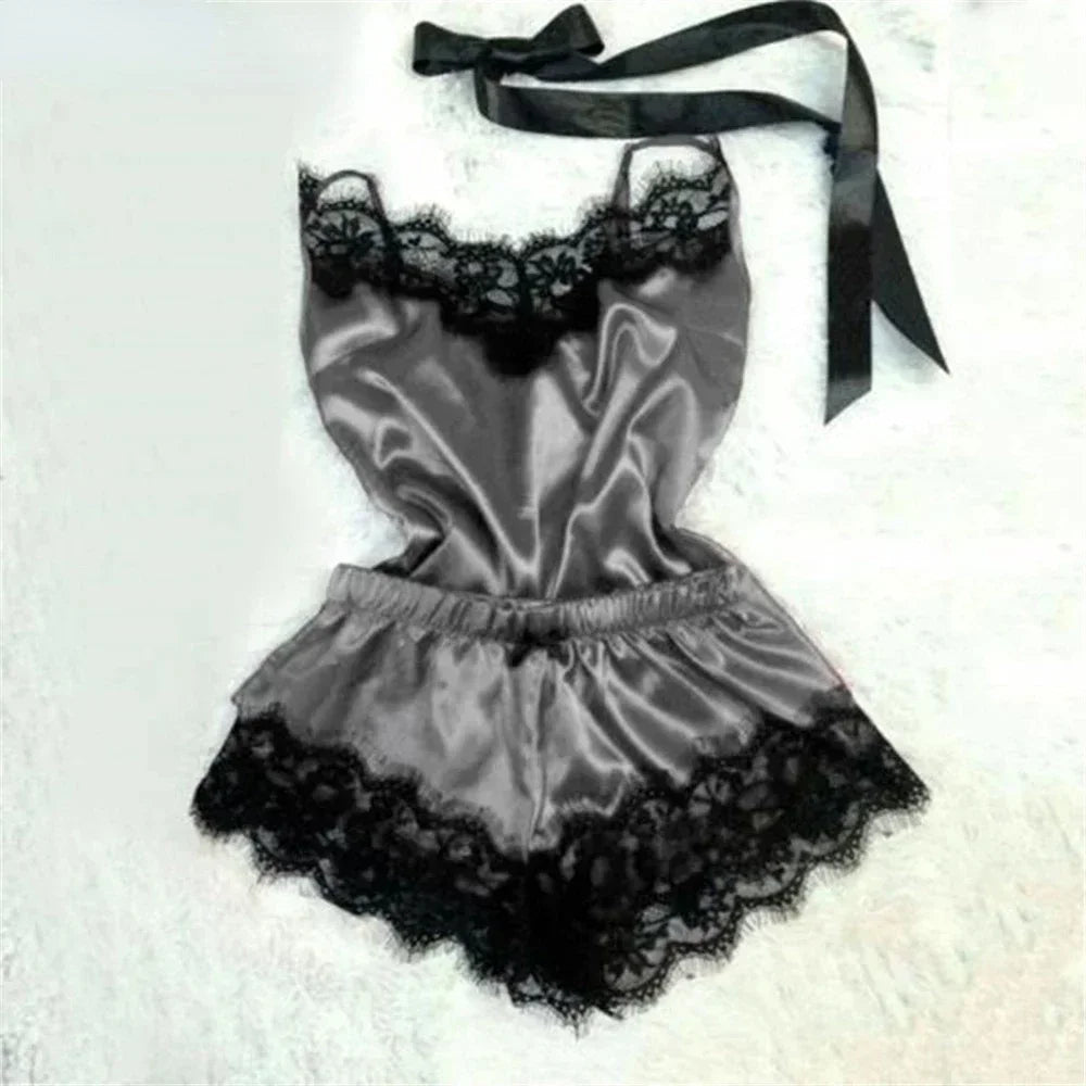 Pigiama di seta in pizzo Set Sexy Top