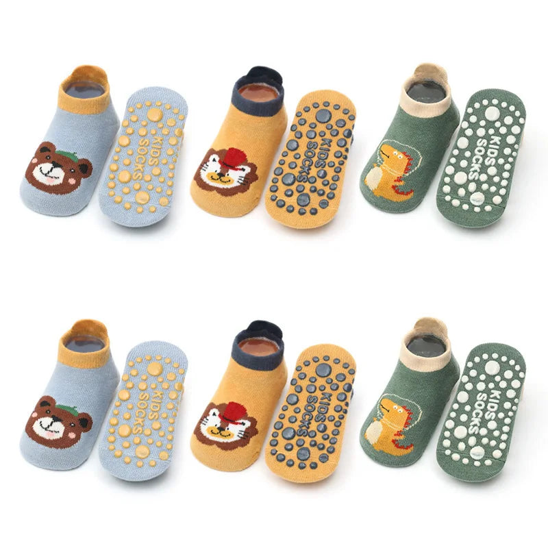 6 paia di calzini di cotone antiscivolo per bambini Cartoon Animal Pattern