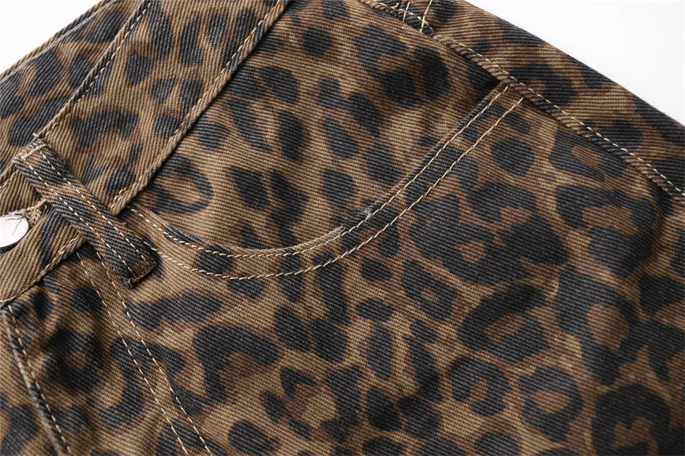 Jeans con stampa leopardata per donna Vita alta Y2k Retro Fashion Streetwear Denim  Hip Hop