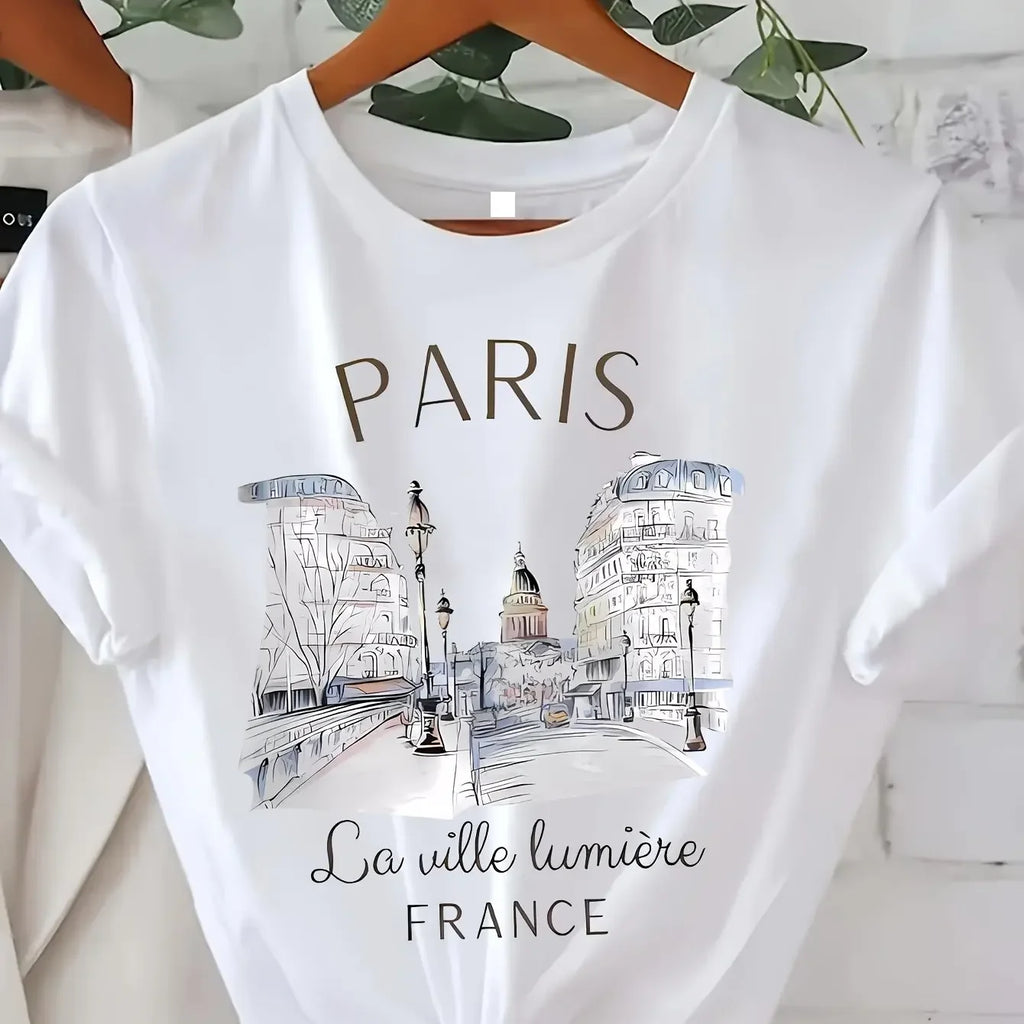 T-shirt anni ‘90 stampa Paris Manica corta Girocollo Top Casual Estate
