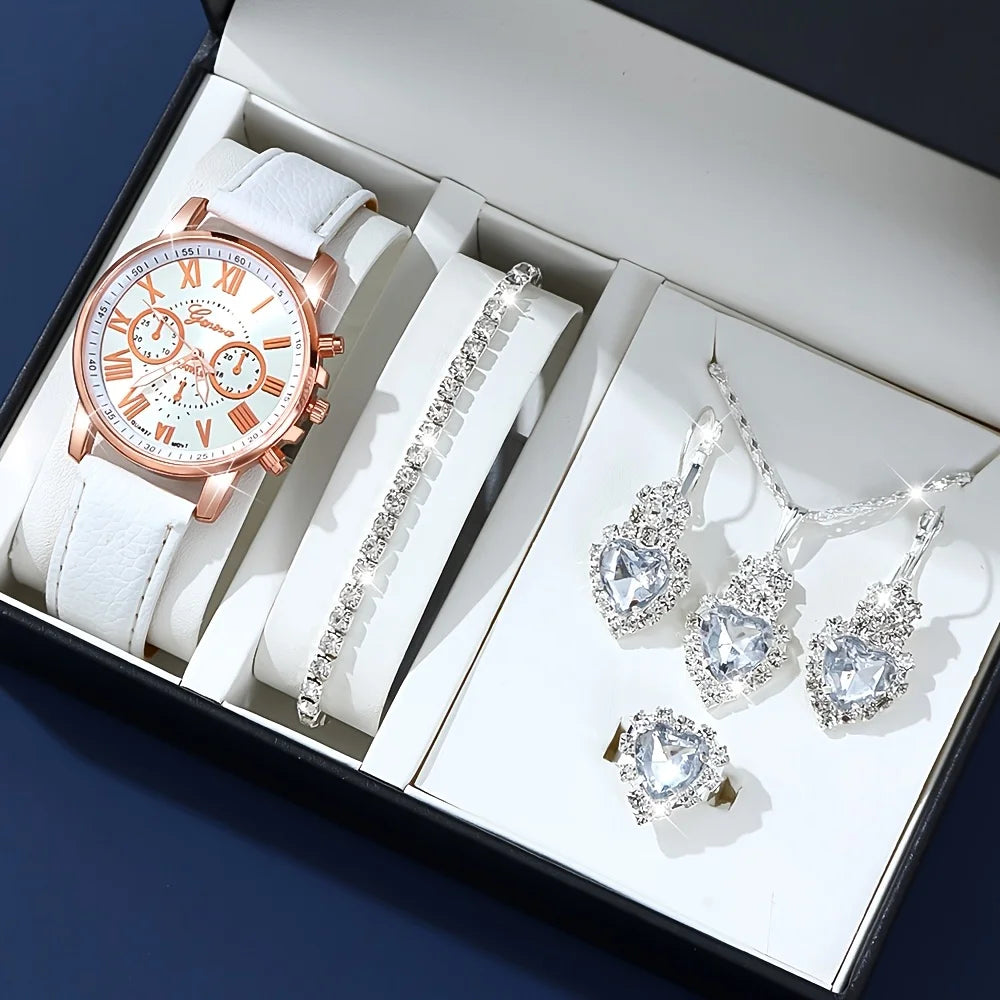 Set di orologi e gioielli al quarzo alla moda, display digitale analogico circolare resistente agli urti, cinturino in pelle PU, no box included