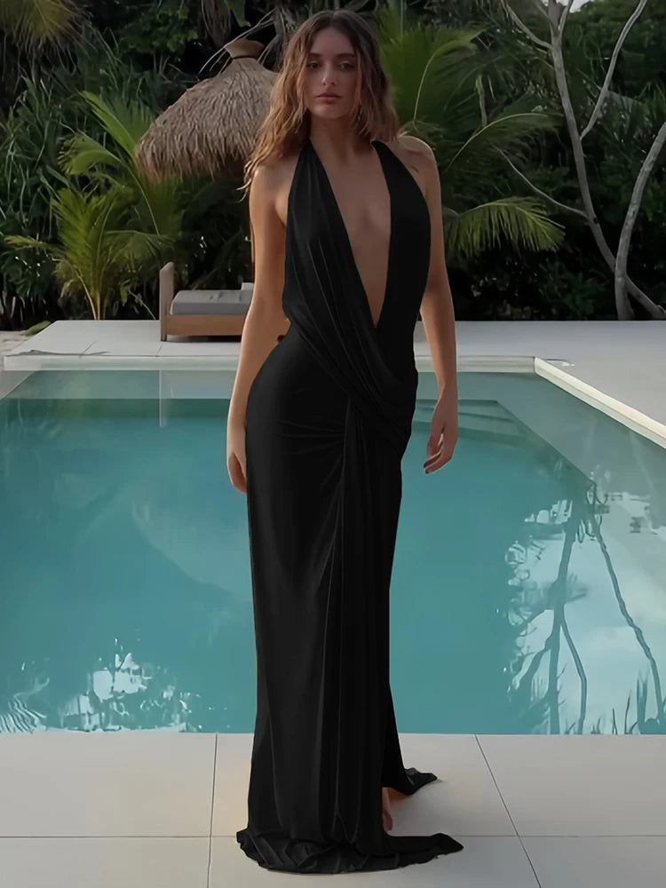 Abito Lungo Donna con scollo a V e spacco alto