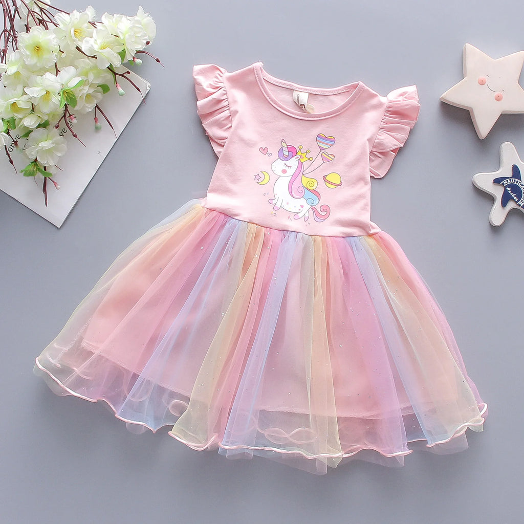 Abito da festa estivo principessa unicorno per ragazze con maniche volanti Abbigliamento per bambini 3-8 anni