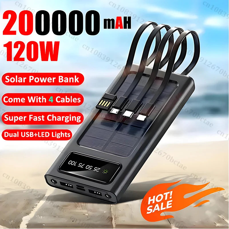 200000mAh Powerbank di con carica di energia solare  Ricarica super veloce e Display digitale 4 cavi Batteria esterna