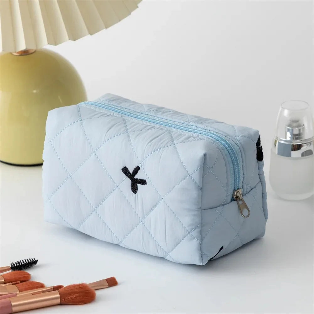 Borsa per il trucco ricamata con fiocco per donna Borsa per articoli da toeletta cosmetici da viaggio di grande capacità