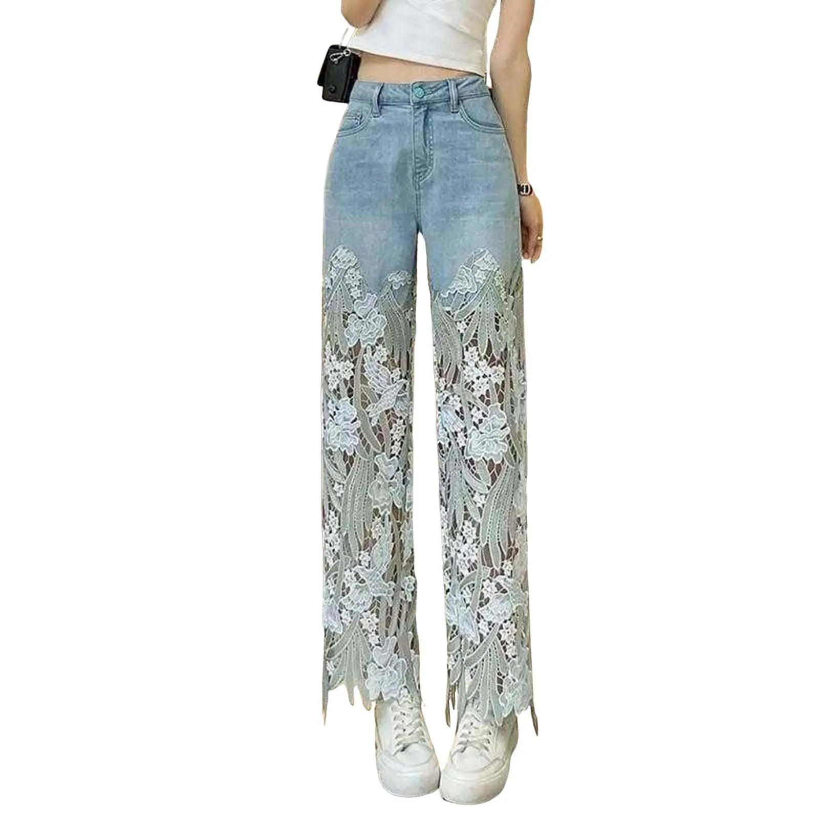 Pantaloni Jeans in denim in pizzo da donna Hollow Out Asimmetrico Patchwork floreale strappato Gamba dritta
