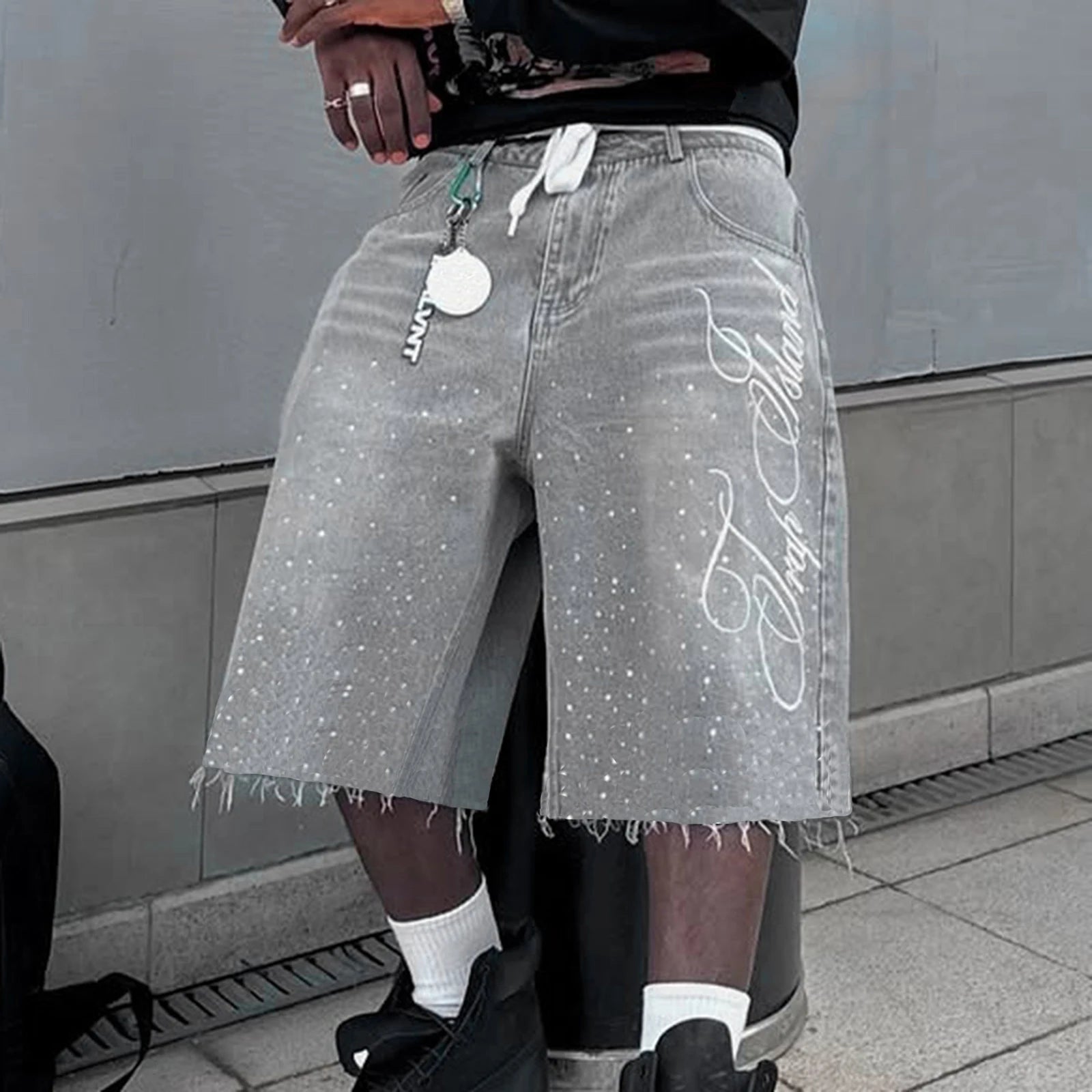 Jeans Uomo Brillantinato Casual Pantaloncini in denim Lunghezza al ginocchio Scritta alla moda Ricamato lucido