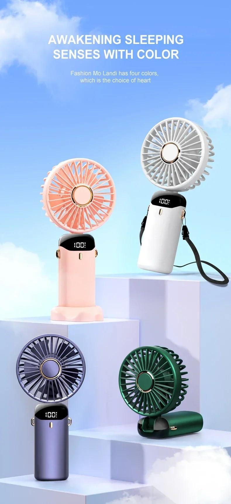 Mini ventilatore portatile ricaricabile USB a 5 velocità e schermo di visualizzazione 1800mAh