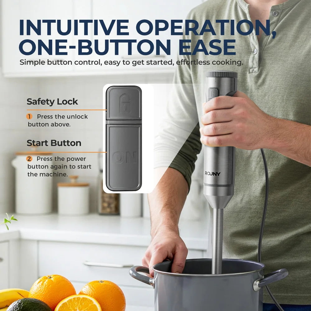 ROUNY Frullatore a immersione a immersione manuale 4-in-1 1000W Potente, miscelatore per alimenti in acciaio inossidabile, bicchiere di miscelazione da 700 ml, processore da 500 ml, + frusta