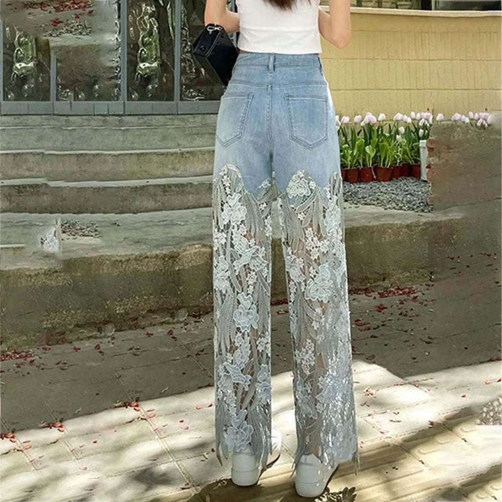 Pantaloni Jeans in denim in pizzo da donna Hollow Out Asimmetrico Patchwork floreale strappato Gamba dritta