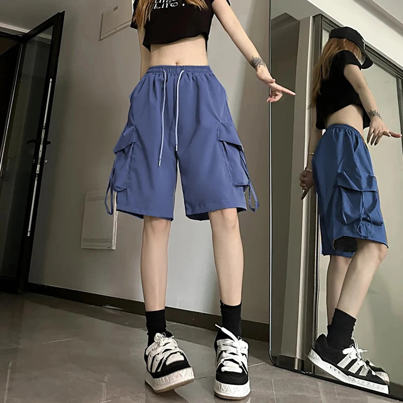 ZOKI Pantaloncini cargo a vita alta da donna Stile americano Streetwear Estate Pantaloni a gamba larga