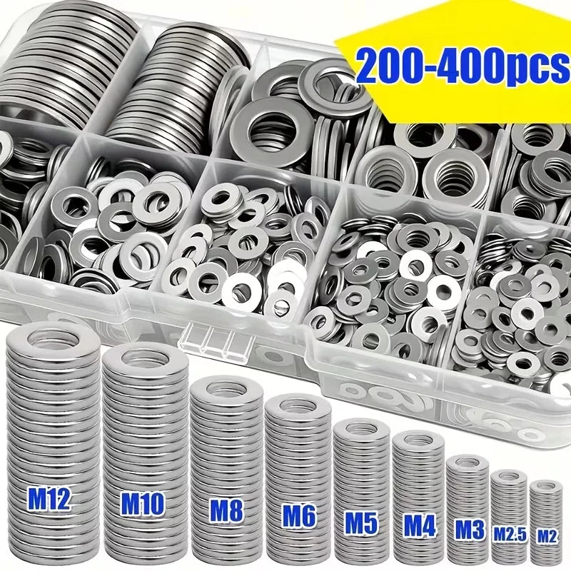 Set di rondelle piatte in acciaio inossidabile 200/400 pezzi (M2-M12) – Fai da te per la casa, riparazione industriale