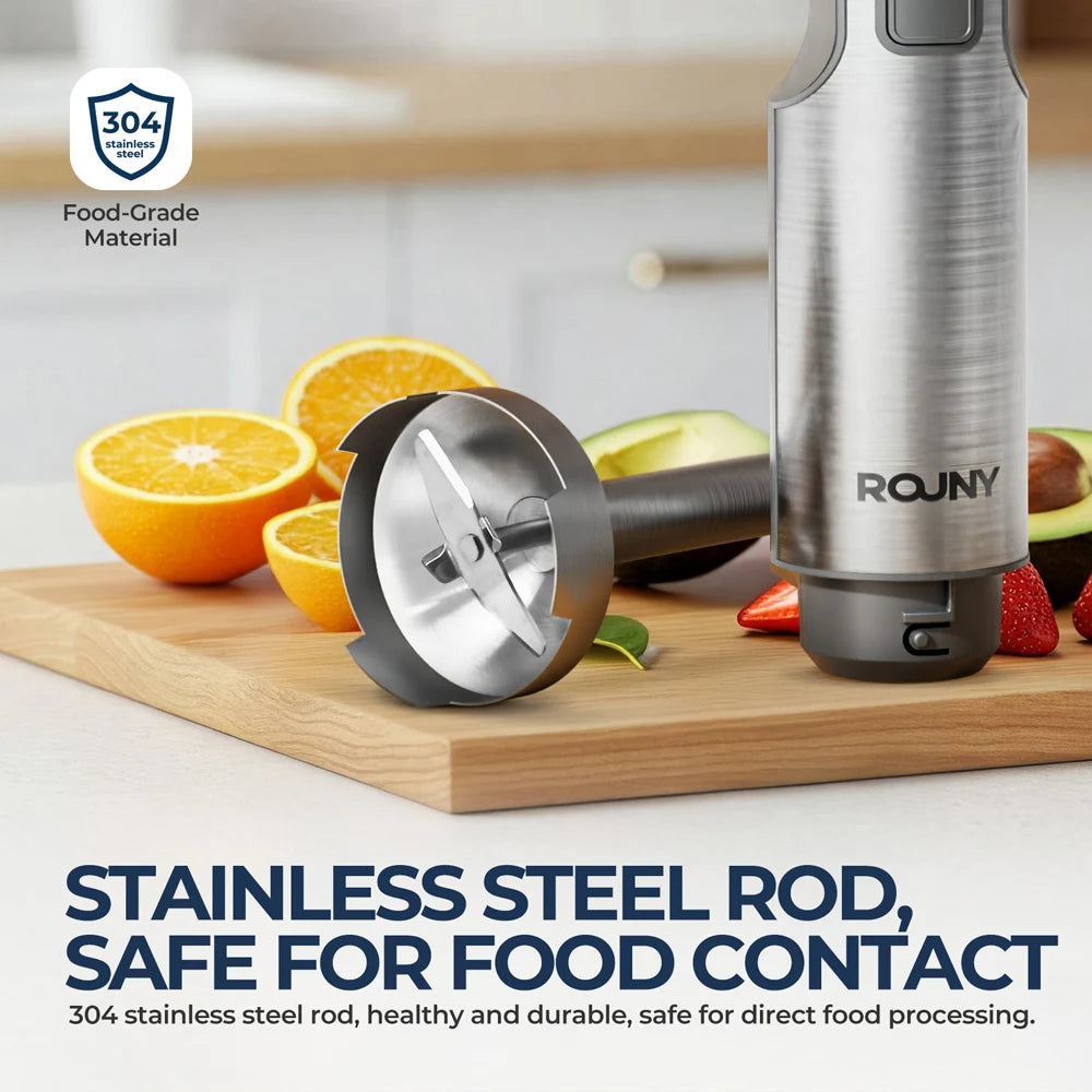 ROUNY Frullatore a immersione a immersione manuale 4-in-1 1000W Potente, miscelatore per alimenti in acciaio inossidabile, bicchiere di miscelazione da 700 ml, processore da 500 ml, + frusta