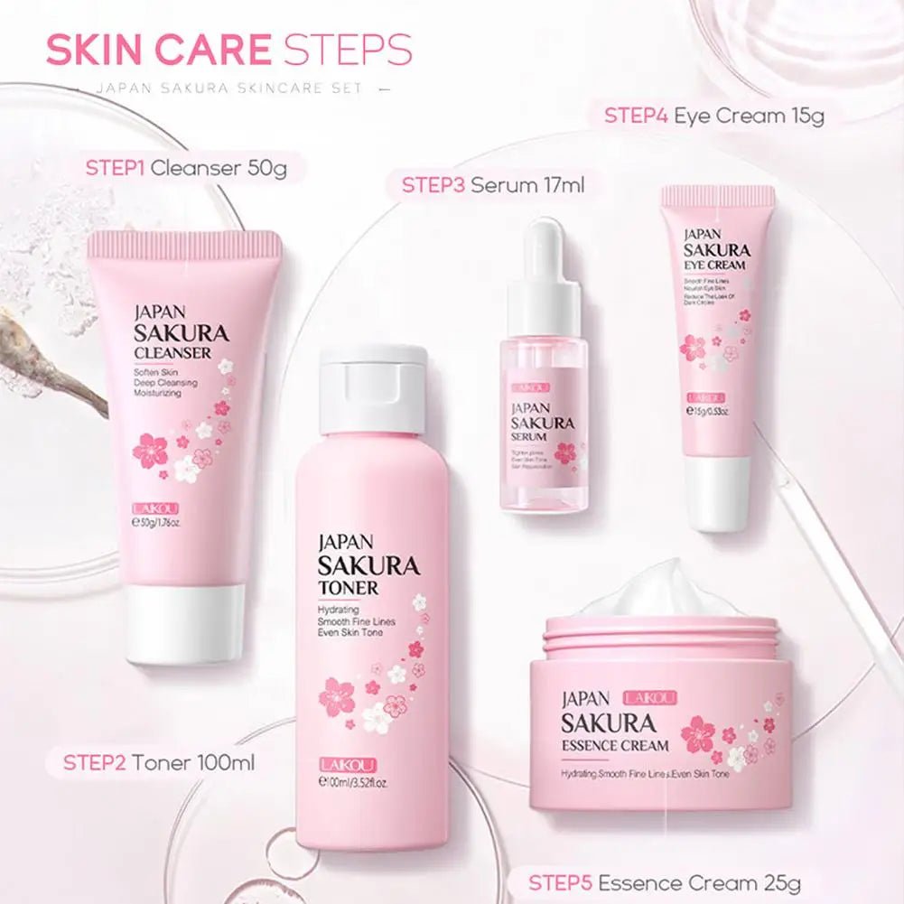 Set 3/5 Sakura Skin Care Crema Viso, Siero Toner, Detergente Viso, Protezione Solare, Crema Occhi, Confezione Regalo
