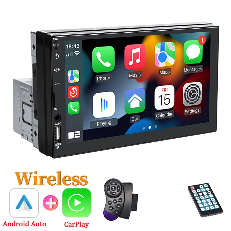 Hippcron 7" 1Din Car Radio Wireless CarPlay Android Auto Bluetooth AUX USB Universal Multimedia MP5 Player Mirror Link Autoradio