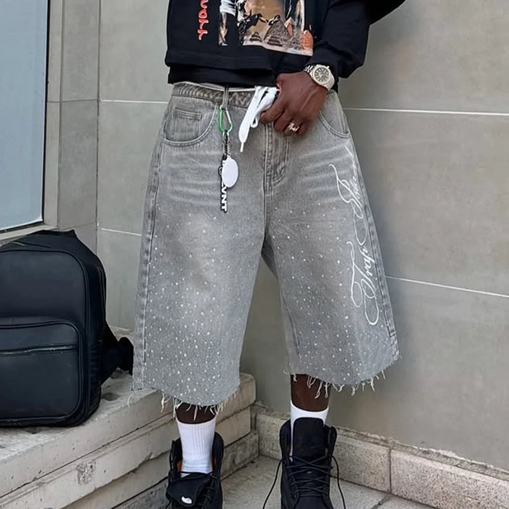 Jeans Uomo Brillantinato Casual Pantaloncini in denim Lunghezza al ginocchio Scritta alla moda Ricamato lucido