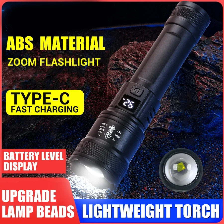 Torce a led ad alta potenza forte 2000LM Torcia tattica con luce del display Ricarica USB