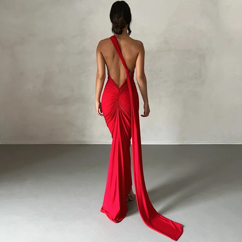 Abito da donna monospalla senza maniche da donna Sciarpa regolabile Loop increspato Backless