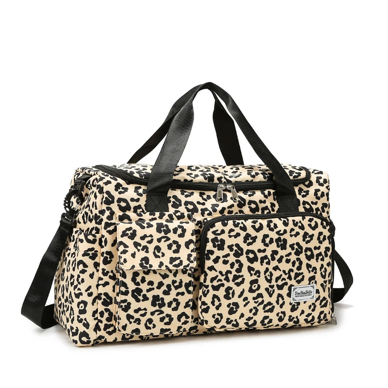Classica borsa da viaggio di grande capacità con stampa leopardata con tasche multiple e scomparto per scarpe
