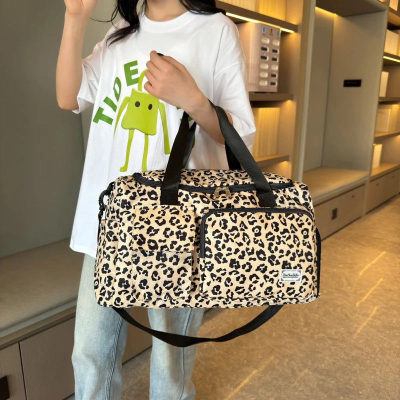 Classica borsa da viaggio di grande capacità con stampa leopardata con tasche multiple e scomparto per scarpe