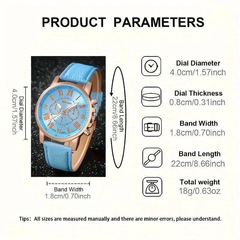 Set di orologi e gioielli al quarzo alla moda, display digitale analogico circolare resistente agli urti, cinturino in pelle PU, no box included