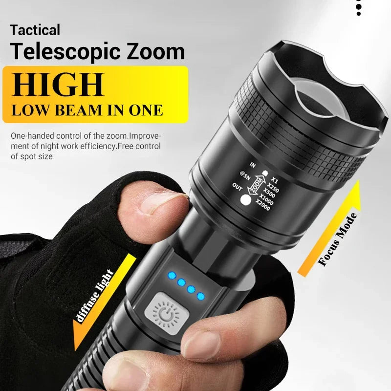 Torce a led ad alta potenza forte 2000LM Torcia tattica con luce del display Ricarica USB