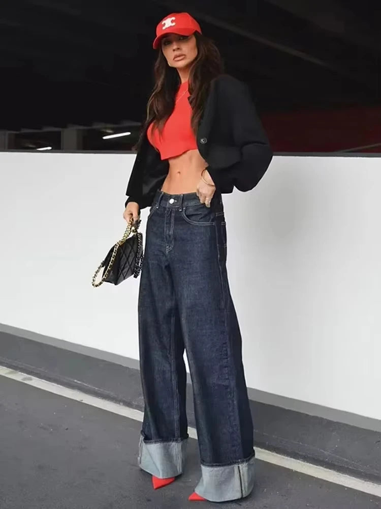 Set Casual Risvolto Manica Lunga Crop Giacca Bottoni Femminile Vintage Gamba Larga Jeans