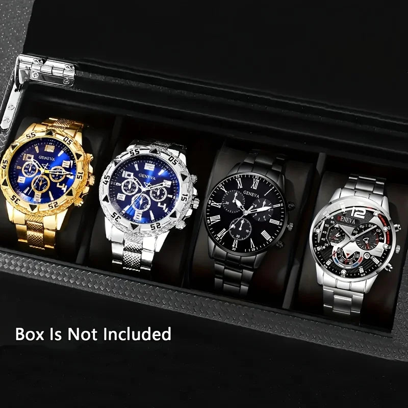 Orologio al quarzo da uomo alla moda - cinturino in acciaio inossidabile, cassa rotonda in lega di zinco, set 4 pezzi
