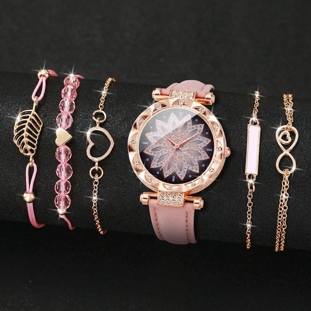 6PCS/Set Moda Quadrante a cuore Orologio da donna Casual Cinturino in pelle Orologio analogico al quarzo Set di bracciali a foglia (senza scatola)