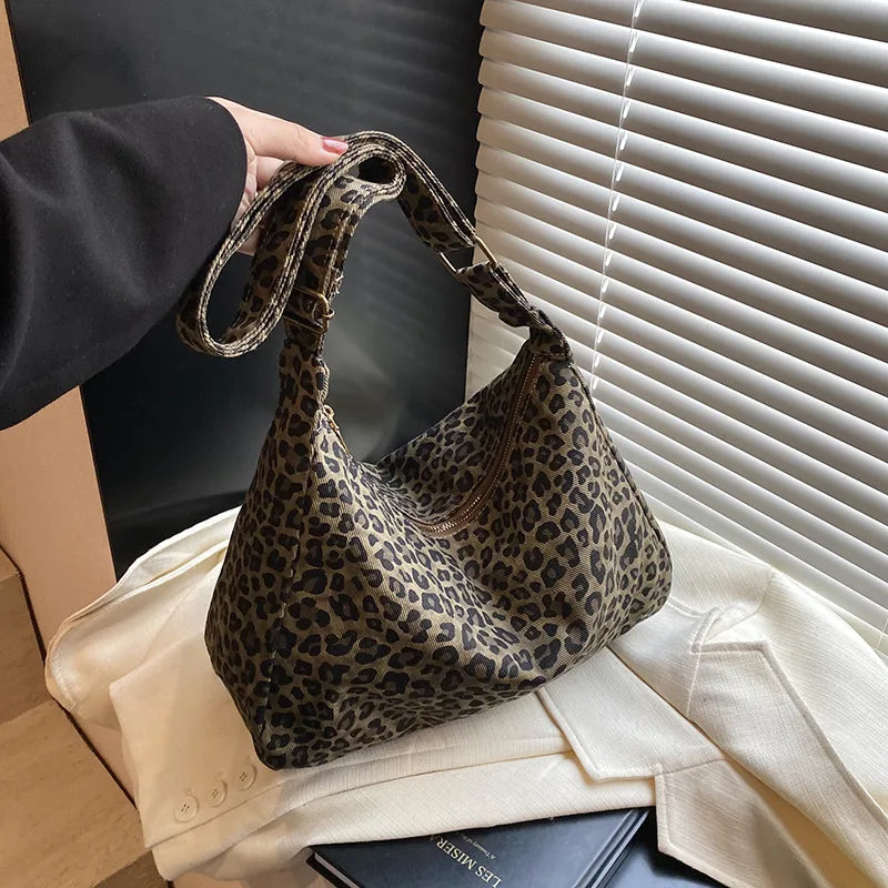 Borsa a tracolla da donna in tessuto morbido alla moda Borsa a tracolla da donna con stampa leopardata di grande capacità