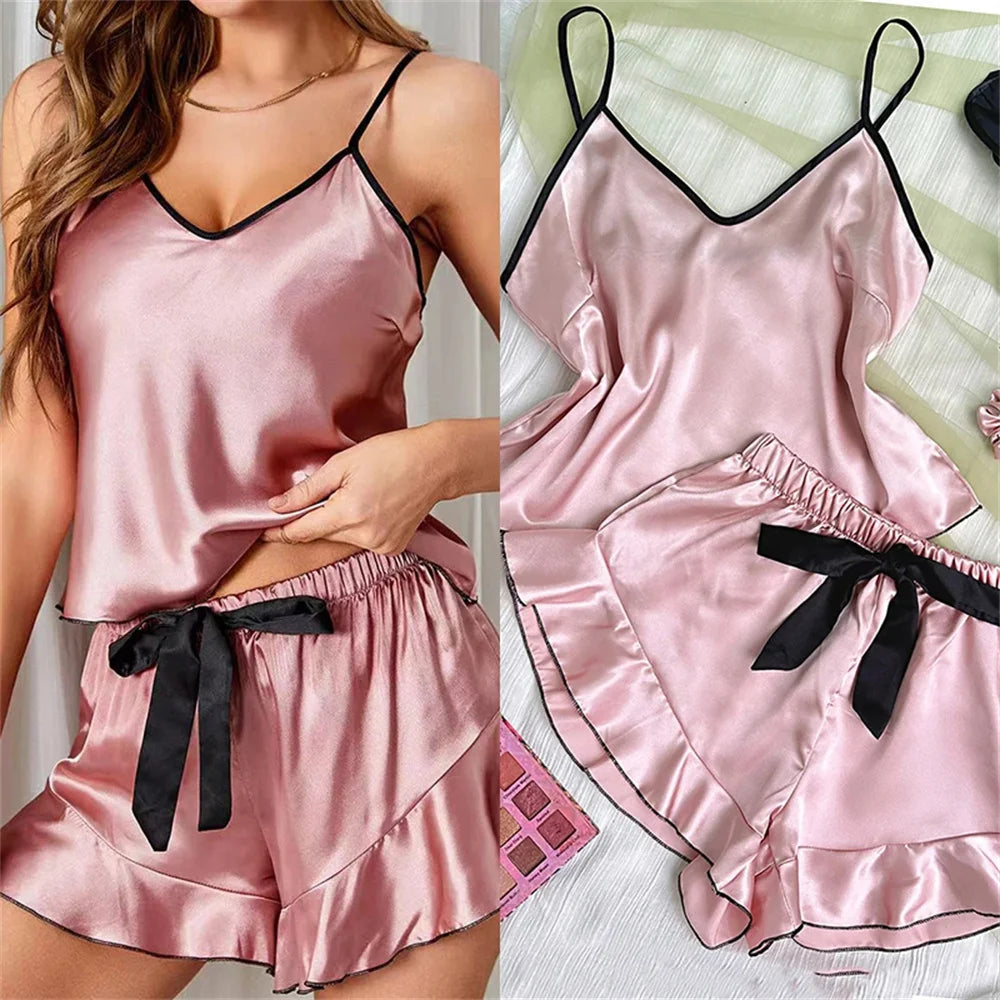 Pigiama da donna in raso liscio T-shirt con scollo a V Bordi arruffati e pantaloncini con fiocco Set di pigiama semplice e traspirante