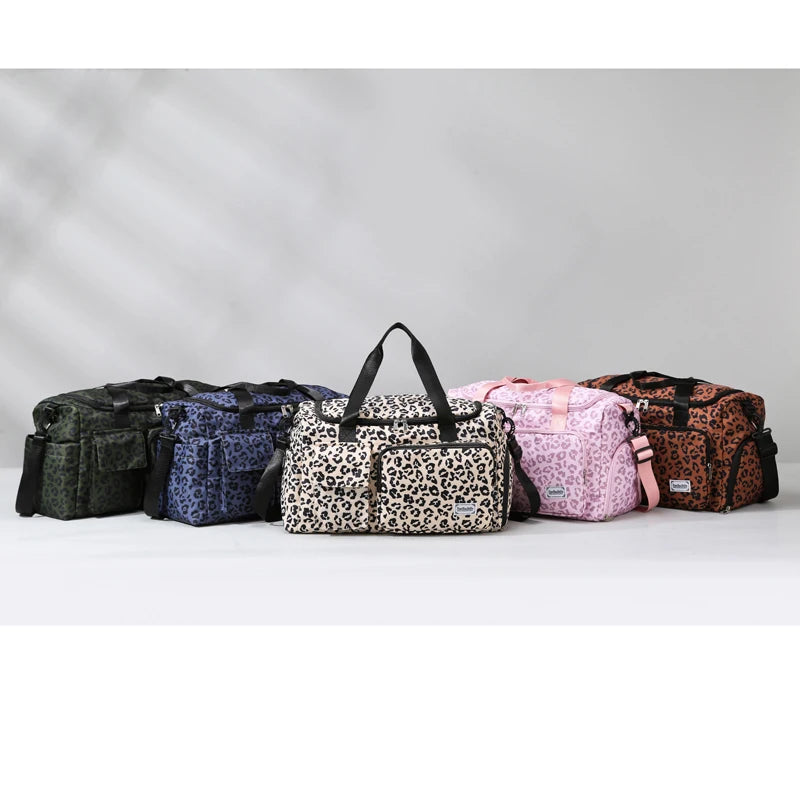 Classica borsa da viaggio di grande capacità con stampa leopardata con tasche multiple e scomparto per scarpe