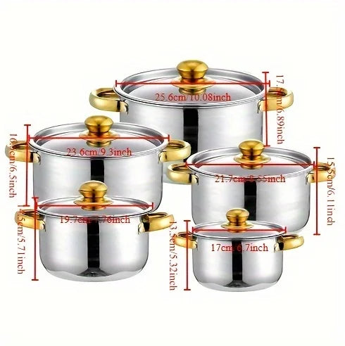 Set di pentole in acciaio inossidabile dorato da 5 pezzi Fornelli multiuso compatibili, antiaderente, resistente ai graffi e lavabile in lavastoviglie