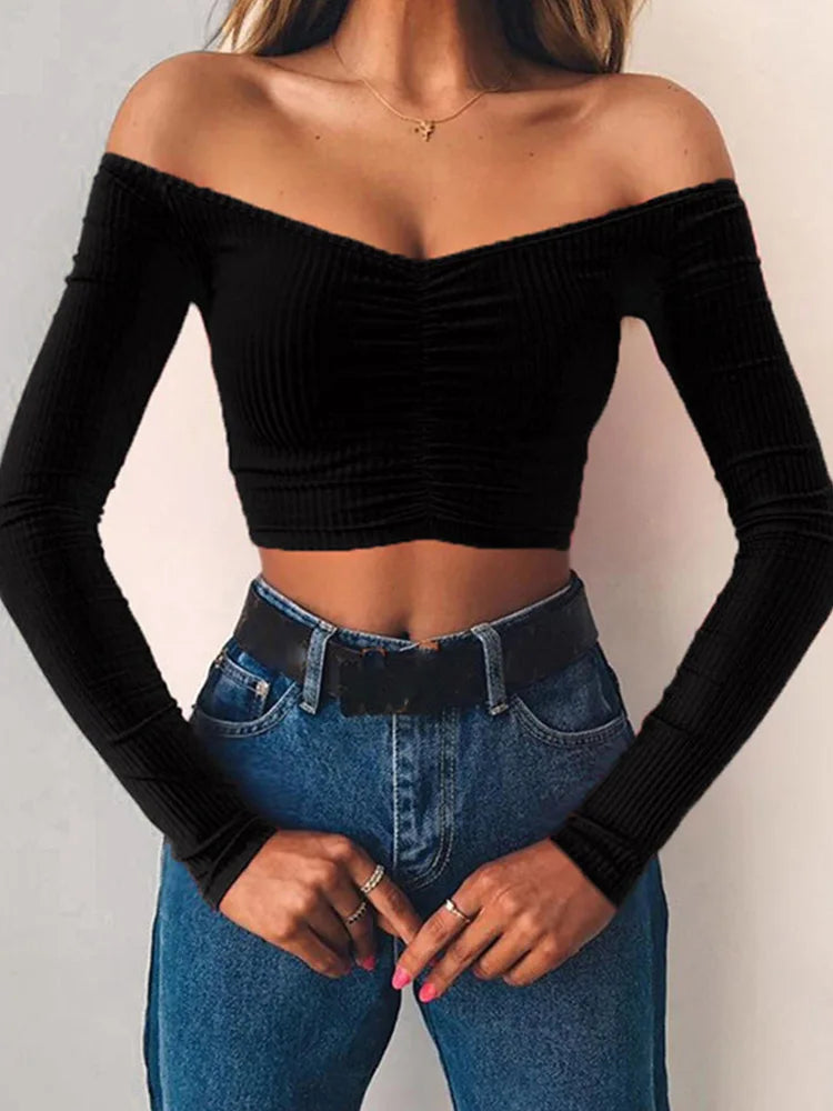 T-shirt da donna sexy manica lunga con spalle scoperte tinta unita