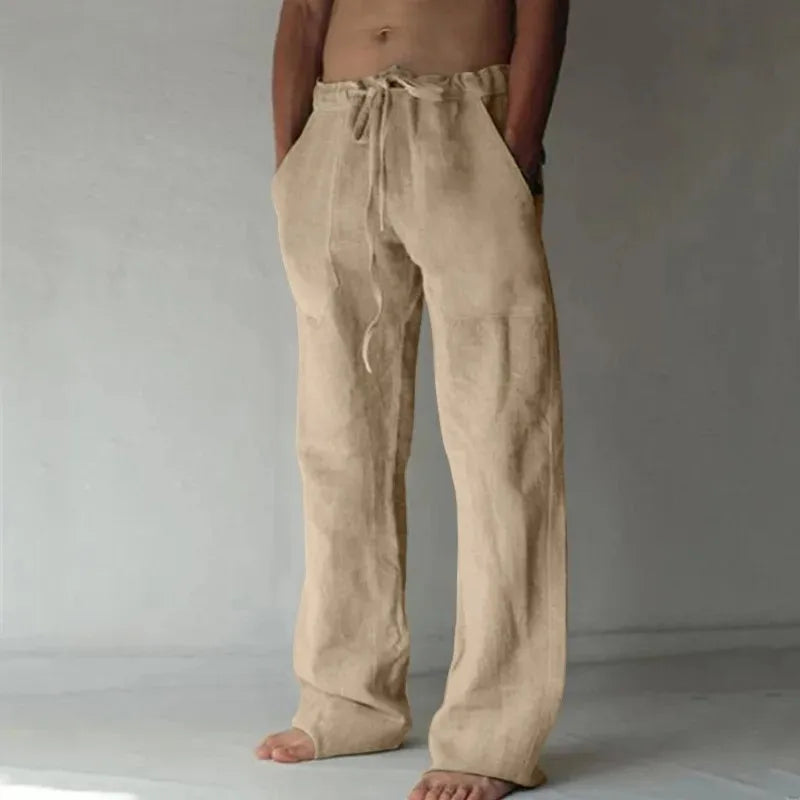 Pantaloni lunghi in lino da uomo estivi, traspiranti, in tinta unita con elastico in vita