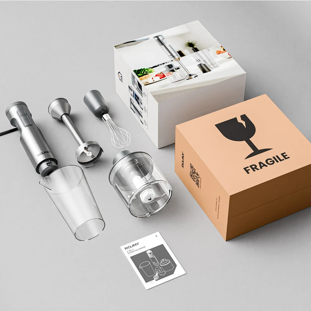 ROUNY Frullatore a immersione a immersione manuale 4-in-1 1000W Potente, miscelatore per alimenti in acciaio inossidabile, bicchiere di miscelazione da 700 ml, processore da 500 ml, + frusta