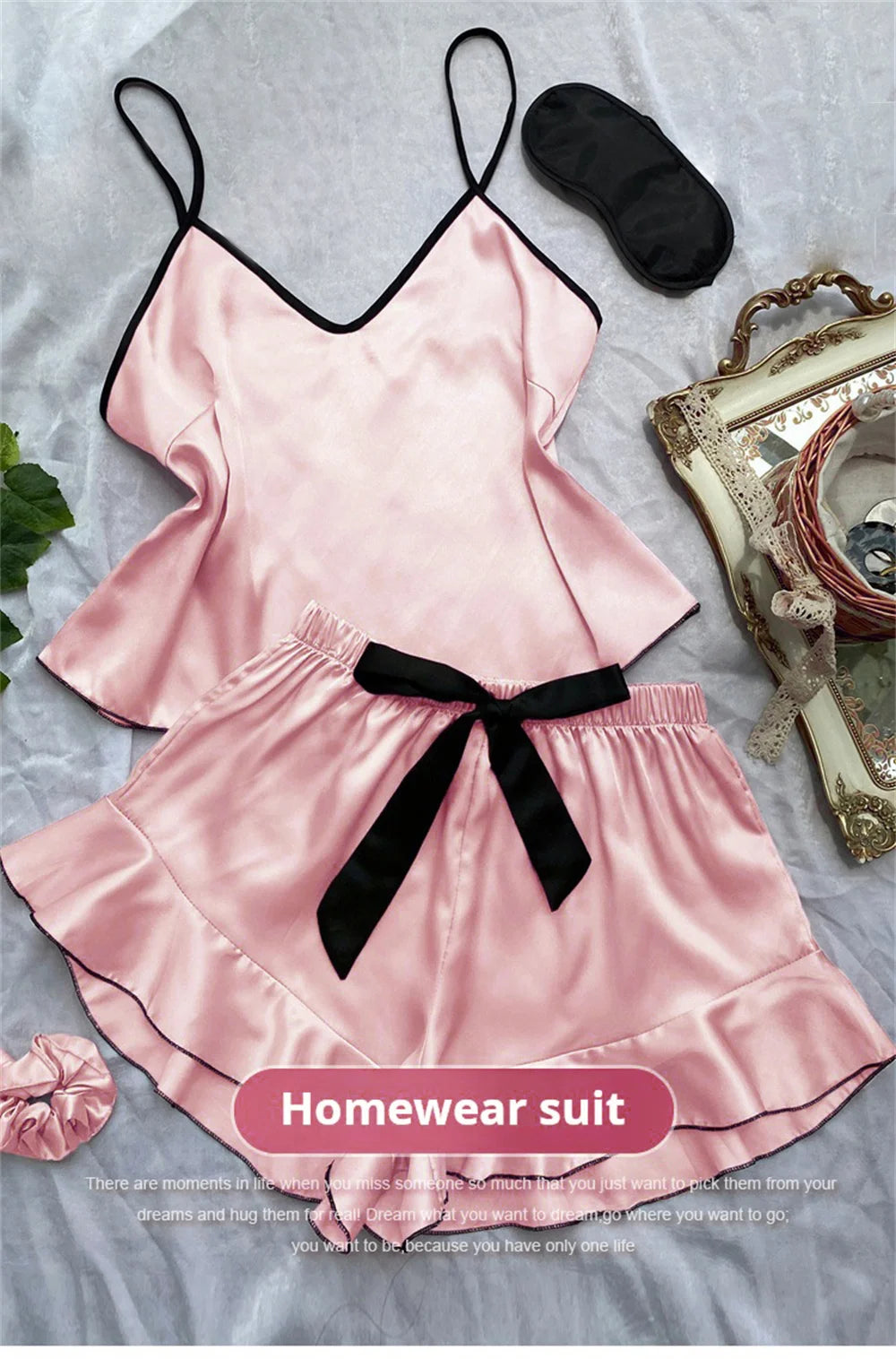 Pigiama da donna in raso liscio T-shirt con scollo a V Bordi arruffati e pantaloncini con fiocco Set di pigiama semplice e traspirante
