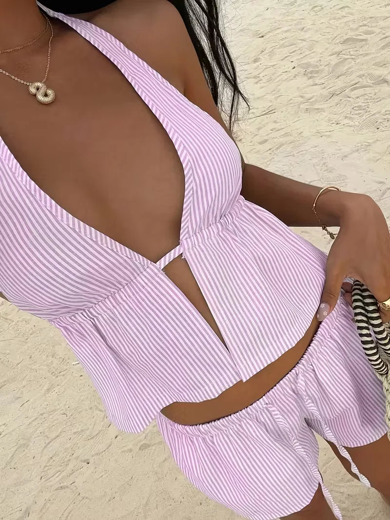 Set estivo da donna, canotta senza schiena con scollo a V e pantaloncini