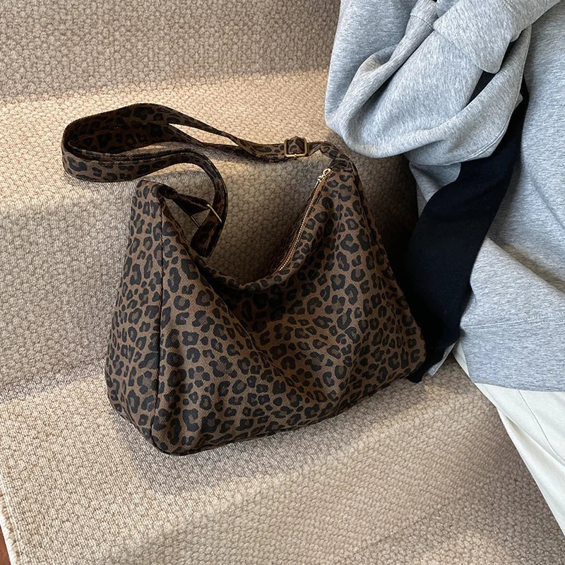 Borsa a tracolla da donna in tessuto morbido alla moda Borsa a tracolla da donna con stampa leopardata di grande capacità
