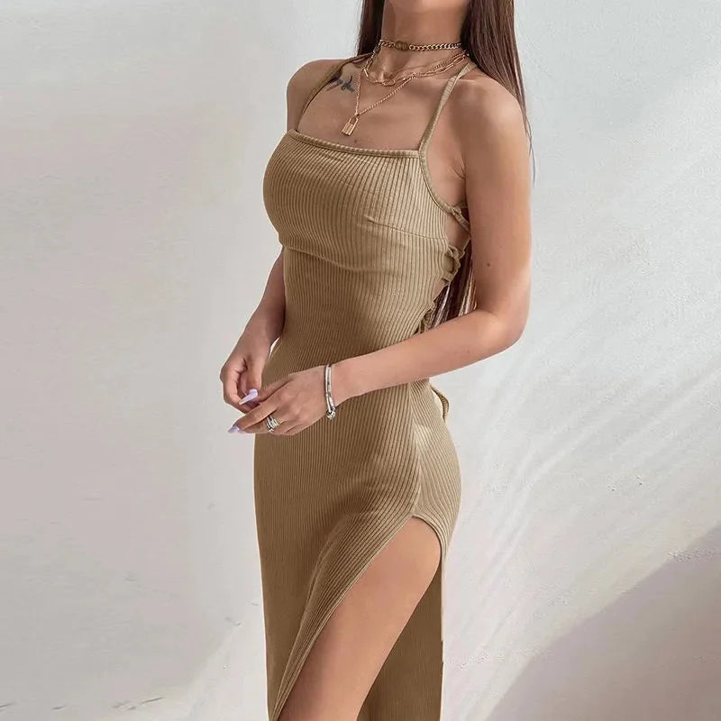 Abito aderente lungo sexy donna  senza maniche con cinturino a spacco alto