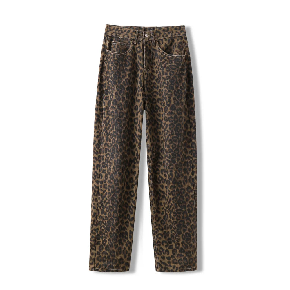 Jeans con stampa leopardata per donna Vita alta Y2k Retro Fashion Streetwear Denim  Hip Hop