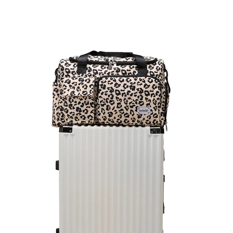 Classica borsa da viaggio di grande capacità con stampa leopardata con tasche multiple e scomparto per scarpe