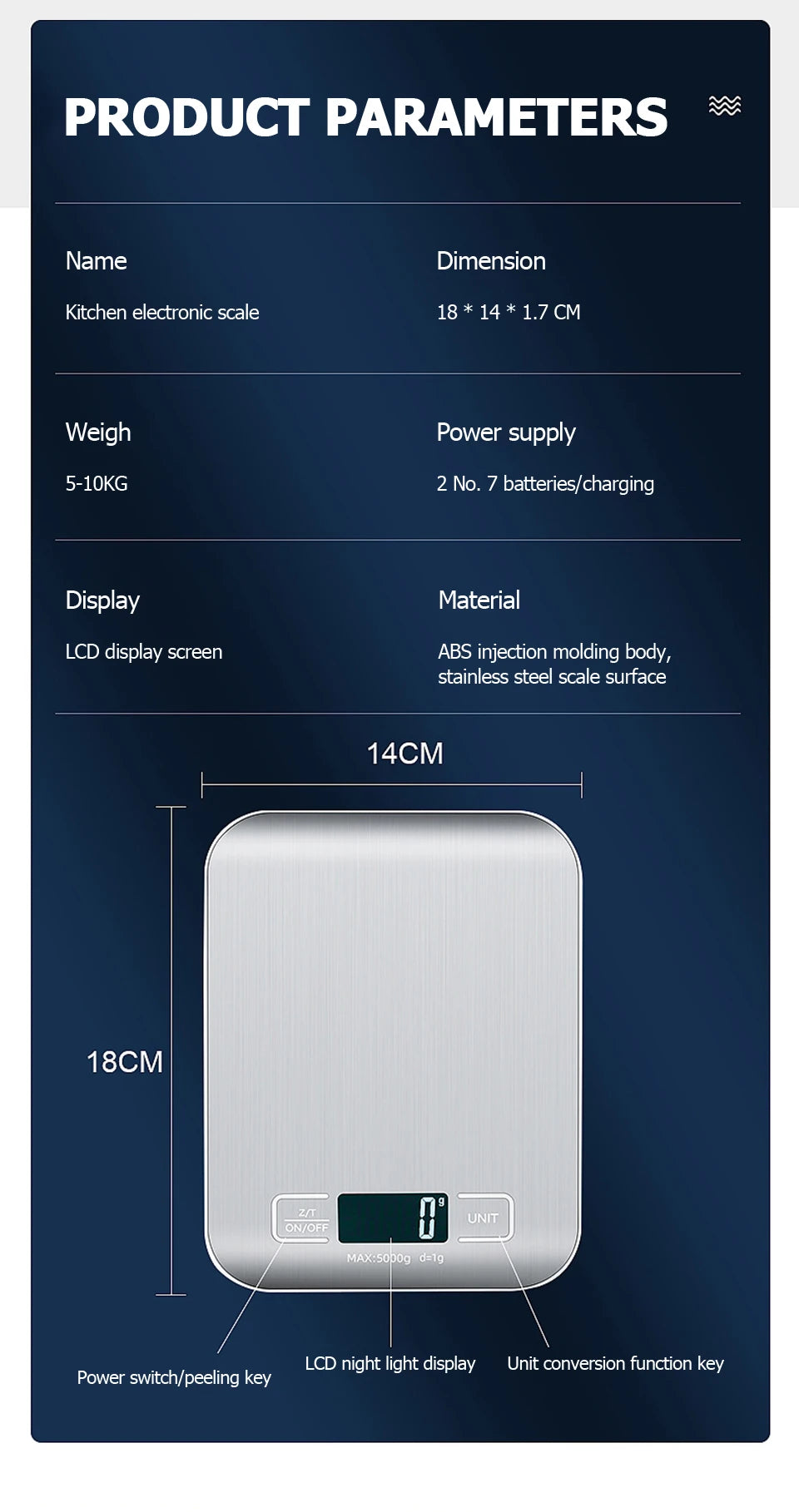 5kg/10kg Bilancia da cucina digitale Display LCD Bilance elettroniche in acciaio inossidabile
