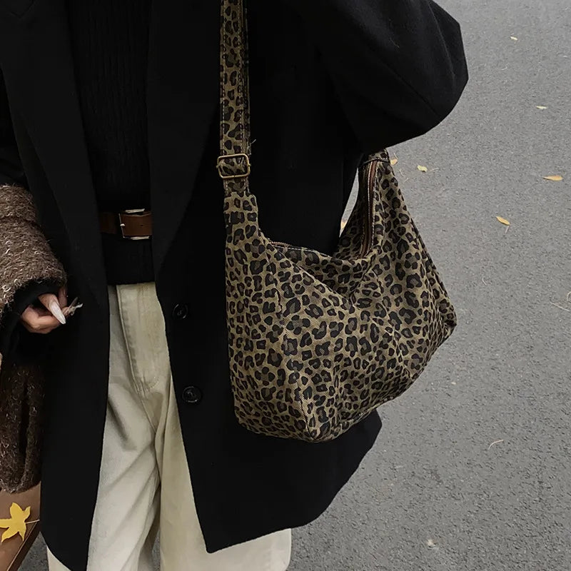 Borsa a tracolla da donna in tessuto morbido alla moda Borsa a tracolla da donna con stampa leopardata di grande capacità