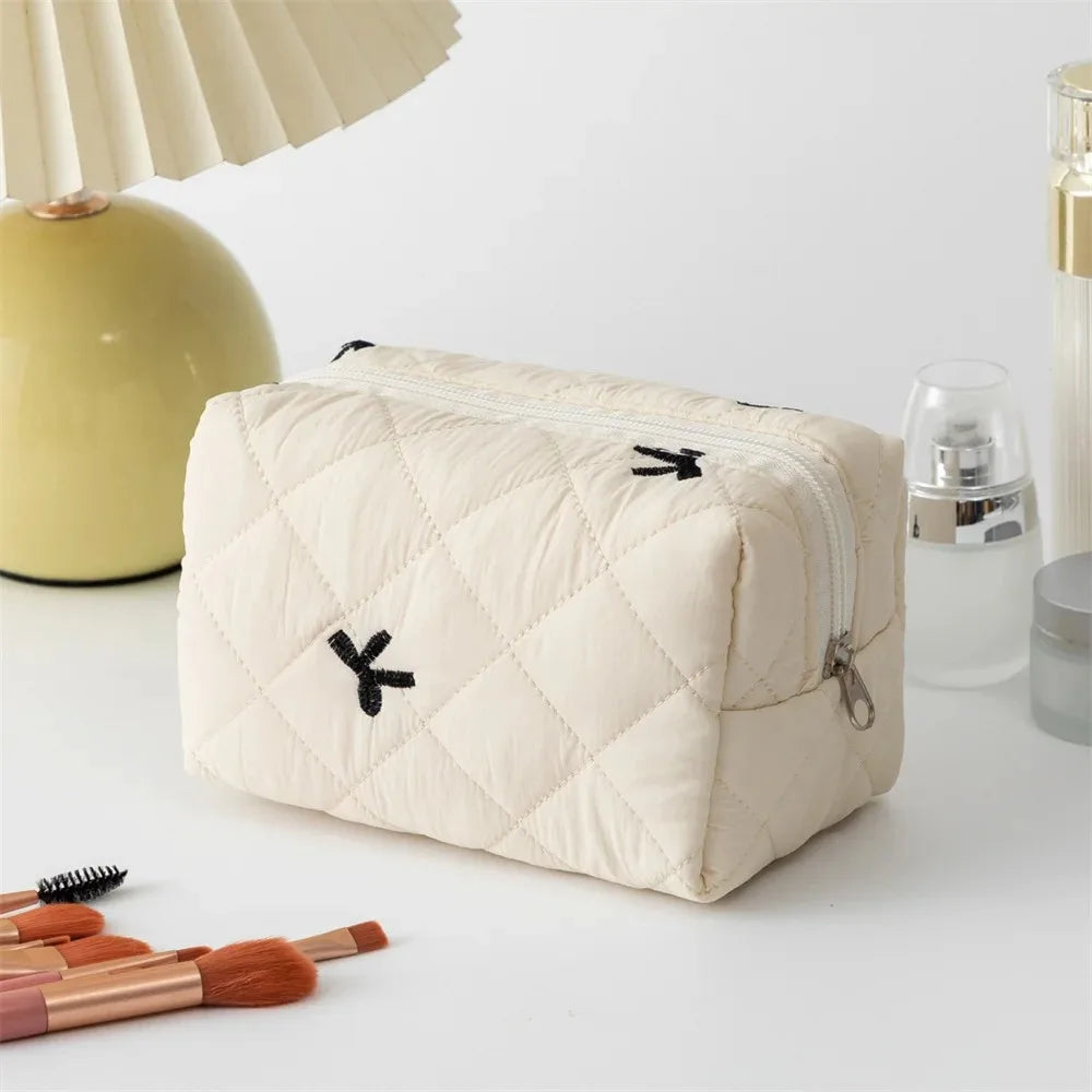 Borsa per il trucco ricamata con fiocco per donna Borsa per articoli da toeletta cosmetici da viaggio di grande capacità